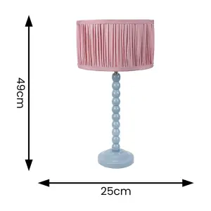 ValueLights Bobbins Powder Blue Table Lamp with Ruched Pleated Blush Pink Drum Lamp Shade