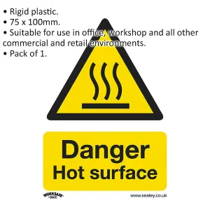 1x Rigid Plastic DANGER HOT SURFACE Safety Sign - 75mm x 100mm Warning