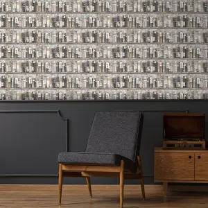 Superfresco Easy Vintage Bookcase Grey / Brown Wallpaper