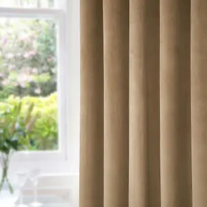 Homescapes Thermal 100% Blackout Beige Velvet Curtains, 168 x 183 cm (66" x 72")