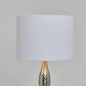 Table lamp in satin nickel with ribbed metal base finish white Ivory lamp shade