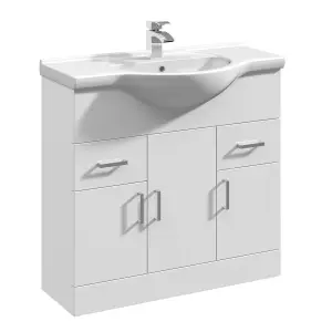 3 Door 2 Drawer Bathroom Vanity Basin Unit with Round Basin - 850mm - Gloss White