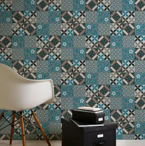 Moroccan Tile Effect Wallpaper AS Creation Blue Black Grey Mosaic Vinyl