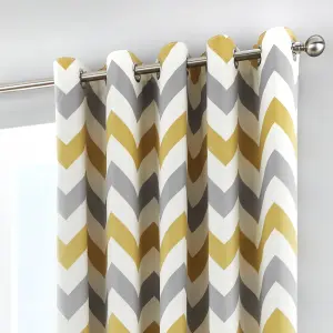 Chevron Lined 100% Cotton Pair of Eyelet Curtains