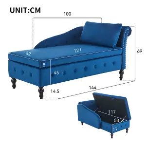 Velvet Upholstered Chaise Lounge Sofa with Storage with Pillow for Living Room, Bedroom and Office, Right Armrest, Blue