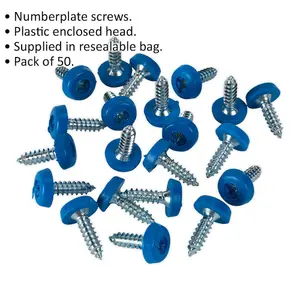 50 Pack of Durable Blue Numberplate Screws with Plastic Enclosed Heads