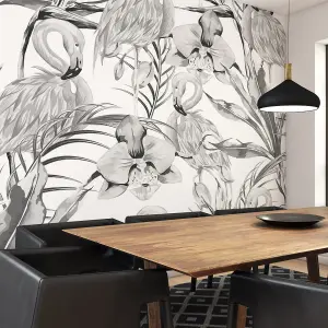 Origin Murals Tropical Monochrome Flamingo Black & White Matt Smooth Paste the Wall Mural 300cm wide x 240cm high