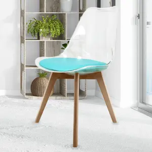 Soho Clear and Aqua Plastic Dining Chair with Squared Light Wood Legs