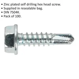 100 Pack Zinc Plated Self Drilling Hex Head Screws 4.8 x 19mm for DIY and Professional Use