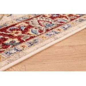 Cream Red Traditional Bordered Floral Rug Easy to clean Dining Room-80cm X 150cm