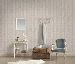 Galerie Maison Charme Grey Vintage Rose Stripe Motif Wallpaper Roll