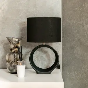 ValueLights Tia Black Hoop Ceramic Bedside Table Lamp with a Fabric Lampshade Living Room Light - Bulb Included