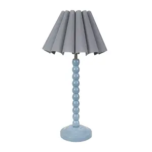 ValueLights Bobbins Powder Blue Table Lamp with Grey Scallop Tapered Lamp Shade and LED Bulb