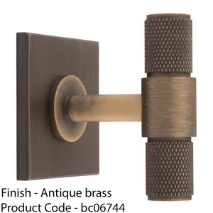 Knurled T Bar Cabinet Door Knob & Matching Backplate - Antique Brass 40 x 40mm