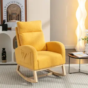 Mid Century Modern Teddy Fabric Upholstered Rocking Chair Padded Seat For Living Room Bedroom, Yellow