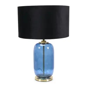 ValueLights Leigh Navy Blue Glass and Gold Detail Table Lamp with Black Velvet Drum Shade Light - LED Bulb Included