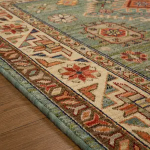 Persian Bordered Geometric Easy to Clean Green Traditional Rug for Living Room Bedroom & Dining Room-80cm X 150cm