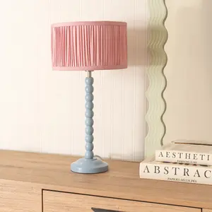 ValueLights Bobbins Powder Blue Table Lamp with Ruched Pleated Blush Pink Drum Lamp Shade