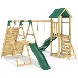 Rebo Wooden Climbing Frame with Swings, 6+8FT Slides & Climbing Wall - Alverstone