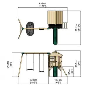 Rebo Orchard 4ft x 4ft Wooden Playhouse with Standard Swing, Boat Swing, 900mm Deck and 6ft Slide - Sage Green