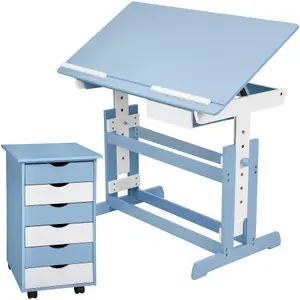 Desk and Filing Cabinet - wooden, tiltable tabletop, 7 step height adjustable - blue