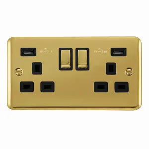 Curved Polished Brass 2 Gang 13A DP Ingot 2 USB Twin Double Switched Plug Socket - Black Trim - SE Home