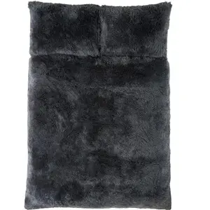 Sleepdown Charcoal Shaggy Faux Fur Long Pile Fleece Duvet Quilt Cover Set Thermal Bedding Single