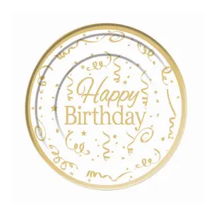 Bristol Novelty Plastic Happy Birthday Disposable Plates (Pack of 10) White/Gold (15cm)