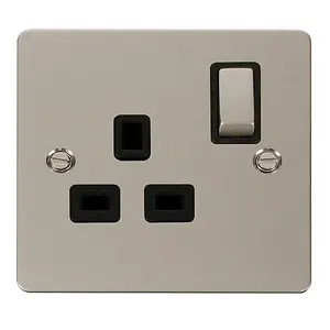 Flat Plate Pearl Nickel 1 Gang 13A DP Ingot Switched Plug Socket - Black Trim - SE Home