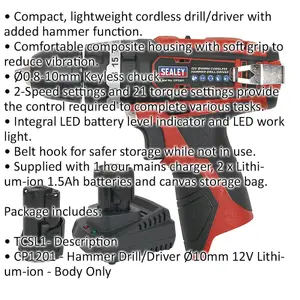 Cordless Hammer Drill Driver Kit - 12V 1.5Ah Lithium-ion Battery - 10mm Chuck