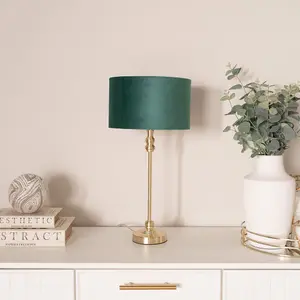 ValueLights Maggie Gold Candlestick Table Lamp with Forest Green Velvet with Gold Inner Lamp Shade