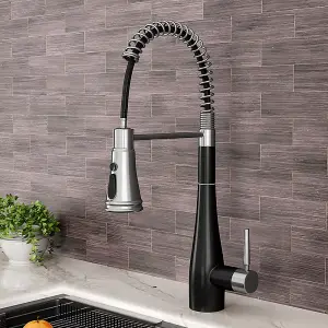 Black and Chrome Pre-rinse Pull-Down Swivel Kitchen Mixer Tap Faucet