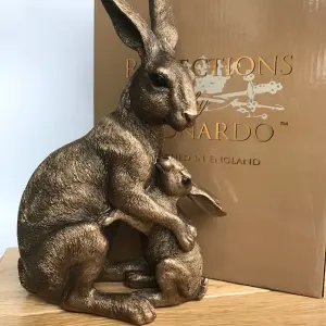 Large (25.5cm /10" high) bronze effect sitting Hare with Baby figurine from the Leonardo Reflections Bronzed range, gift boxed.