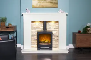 Acantha Monara White Marble Fireplace with Downlights Lunar Electric Stove in Charcoal Grey, 54 Inch