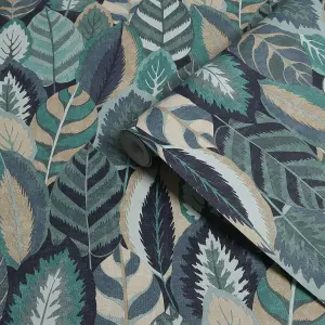 Sublime Patterned Blue Arty Leaves Embossed Wallpaper