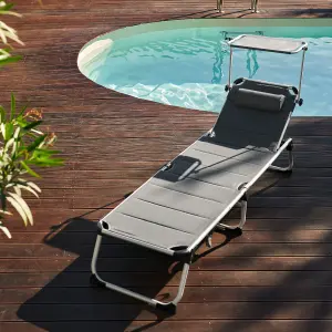 Sun Lounger Lorella - padded, foldable, with sunshade, 6-step backrest, cushion - beige