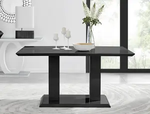 Imperia Black High Gloss 6 Seater Dining Table with Structural 2 Plinth Column Legs 6 Black Velvet Black Leg Belgravia Chairs