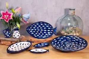 Signature Blue & White Fish Hand Painted Ceramic Set of 2 Mixed Tapas Bowls (Diam) 12cm