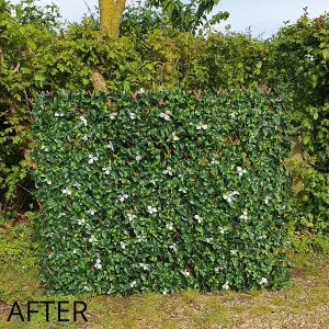 True Products Premium Expanding Willow Trellis Fence - Artificial Laurel And White Flower Garden Wall Screening