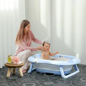 ZONEKIZ Foldable Baby Bathtub w/ Non-Slip Support Legs, Cushion Pad - Blue