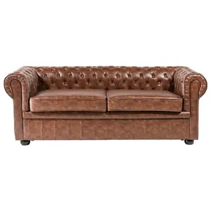 3 Seater Sofa Faux Leather Golden Brown CHESTERFIELD