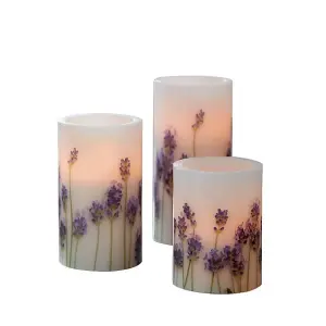 Set of 3 Lavender Floral Design LED Candles - Flame Free Real Wax Battery Powered Decorative LED Candlelights - H10, 12.5 &15cm