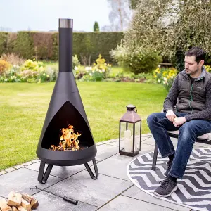 Black Rio Chimenea - Metal Outdoor Garden Patio Log Wood Burner Fire Pit Bowl with Stainless-Steel Flue Cap - Large, H150 x 58cm