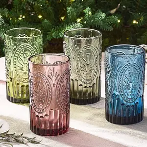 Set of 4 Vintage Luxury Mix-Match Embossed Highball Drinking Glass Tumblers 390ml