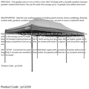 Heavy Duty 3x6m Pop-Up Gazebo - Grey Waterproof Outdoor Canopy for Events