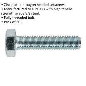 50 Pack of M8 x 35mm Grade 8.8 Zinc Setscrews - Fully Threaded DIN 933