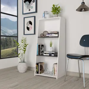 White Dallas low bookcase with 3 shelves, white & carbon grey oak effect