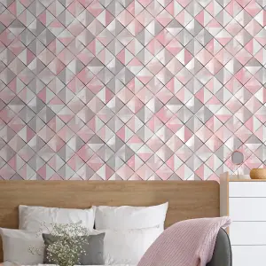 Muriva Pink Geometric 3D effect Embossed Wallpaper