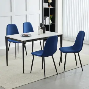 Set of 4 Blue Linen Fabric Dining Chairs with Upholstered Seat and Metal Legs-Bella