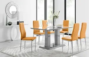 Imperia Grey High Gloss 6 Seater Dining Table with Structural 2 Plinth Column Legs 6 Mustard Stitched Faux Leather Milan Chairs